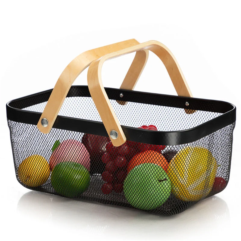 HIK004c Black mesh storage fruit basket with handles filled with assorted fruits on a modern kitchen counter – HomeImports Kenya