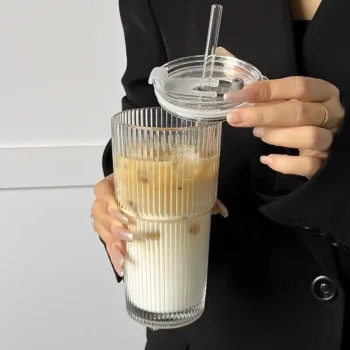 High Aesthetic Dual-Use Glass Cup for Coffee Juice Large Vertical Striped Water Cup Lid Straw